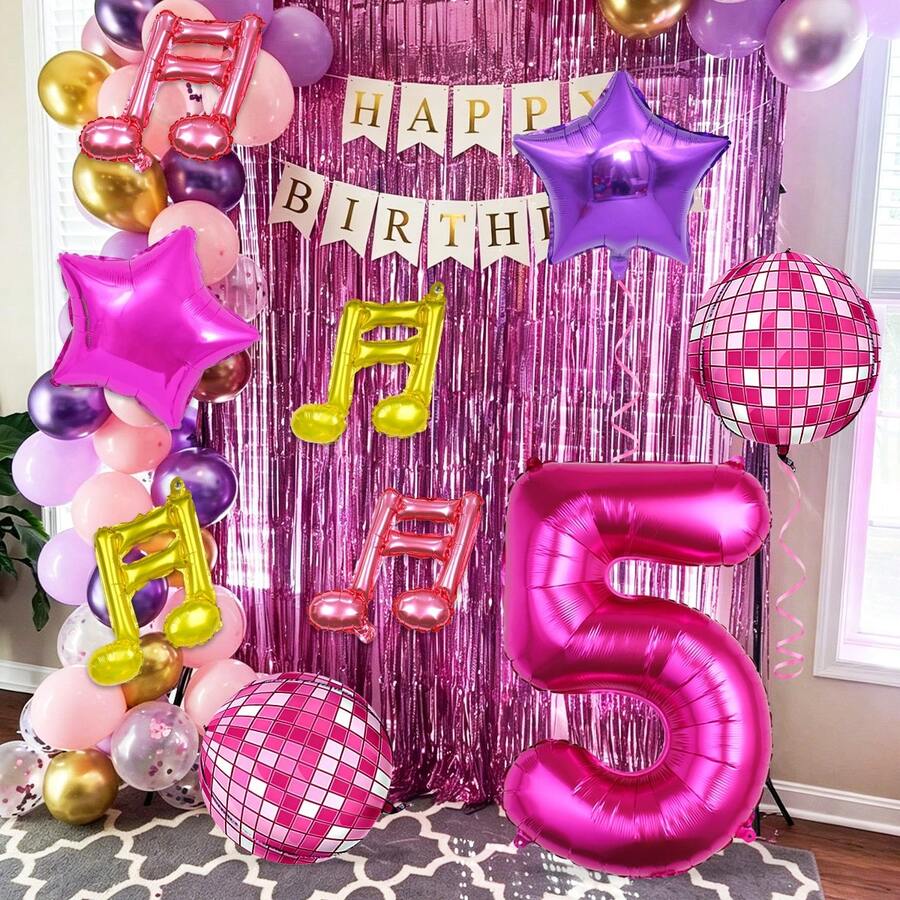 9件套韩流音乐主题生日装饰气球套装,包含音符气球、32英寸品红色数字0-9气球、品红色迪斯科气球,适用于韩流音乐主题生日派对装饰、生日派对装饰、短视频装饰、卡拉OK音乐主题装饰、迪斯科主题生日派对、星空主题舞会、新年舞会等庆祝活动。 - 彩色 - 查看 1