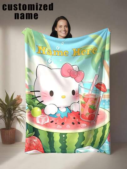 SANRIO 1 chiếc chăn Hello Kitty in hình theo yêu cầu, có thể in tên cá nhân, màu sắc chủ đạo là xanh dương, xanh lá cây, hồng tươi sáng và sống động - Mềm mại và thoải mái, có thể giặt máy, vải polyester in kỹ thuật số, thích hợp cho ghế sofa, giường, du lịch, cắm trại, phòng khách, văn phòng, chỗ ngồi - Thích hợp làm quà tặng cho gia đình và bạn bè