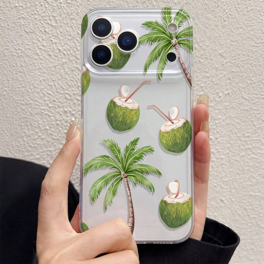 1 pièce Coque de téléphone transparente antichoc, coque souple en TPU avec motif peint UV de palmier et jus de noix de coco, convient pour IPhone7/8/7PLUS/8PLUS/X/XS/XR/XSMAX/11/11PRO/11PROMAX/12/12PRO/12PROMAX/12MINI/13/13PRO/13PROMAX/13MINI/14/14PRO/14PROMAX/14PLUS/15/15PRO/15PROMAX/15PLUS/16/16pro/16promax/16PLUS/17/17pro/17promax/AIR - Multicolore - Voir 1