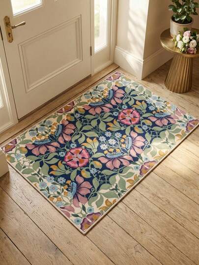 1件波西米亚风花卉植物图案门垫，适用于浴室、厨房、玄关、走廊、床边、客厅、卧室，柔软可机洗，家居装饰配件