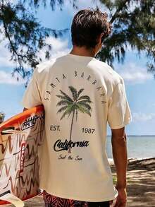 Coastal | New Men's Summer T-Shirt With Coconut Tree And Letter Print, Short Sleeve, Crew Neck, Casual Holiday Wear, 100% Cotton - 杏子 2 - 查看 3