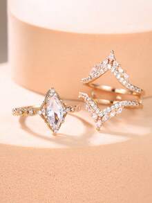 Vanel 1 Set de Anillos Minimalistas Elegantes, 2 Piezas con Marquesa Solitaria y Bandas con Pavé de CZ, Joyería de Moda para Uso Diario - amarillo dorado-blanco - Ver 3