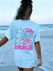 2026 Tropical Vacation OutfitsIf Crabby Please Return To The Beach Double Sided Crab Graphic Tee, Coastal Aesthetic Graphic Tees Women, Summer Fits F - 淺藍色 - 查看 2