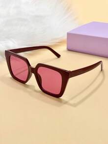 1pc Glossy Oversized Cat Eye Fashion Glasses, Fashionable & Flattering For Round Faces, Versatile For Commute, Street Style, Travel - Burgundy - View 3