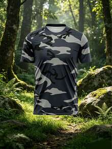 Men's Quick-Dry Camo T-Shirt, Navy Gray Urban Camo Print Sports T-Shirt, Breathable Lightweight Moisture-Wicking Shirt, Suitable For Gym, Running, Training - Multicolor - View 3