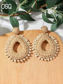OOQ 1 Pair Minimalist Hollow Geometric Water Drop Raffia Straw Solid Color Earrings, Fresh Summer Holiday Travel Commute Outing Wear, Suitable For Women Dating Daily Versatile Gift For Best Friends (Handmade Raffia Straw Weaving Method Direction Shape Random) - Khaki - View 5