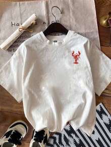 Ropa de mujer: Camiseta casual de manga corta y cuello redondo de , con estampado de langosta, adecuada para salidas de primavera y otoño, vacaciones y el Día de San Valentín. camisas de mujer - Blanco - Ver 2