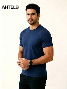 AHTELB Men's Solid Color Round Neck T-Shirt, Ice Silk Quick-Drying Breathable Lightweight And Comfortable Sports - Royal Blue - View 4