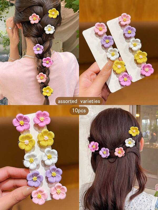 10pcs Aneka Warna Klip Rambut Bunga Kecil Yang Comel, Aksesori Rambut Penggunaan Harian