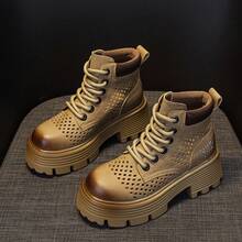 Botas de verano para mujer con perforaciones y capa de malla transpirable, botas cortas de trabajo de cuero liso con estilo occidental retro, botas de estilo británico versátil para uso diario. - Caqui - Ver 5