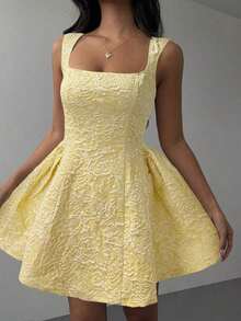 Vestido elegante de longitud media con estampado de jacquard para mujer en verano - Amarillo - Ver 5