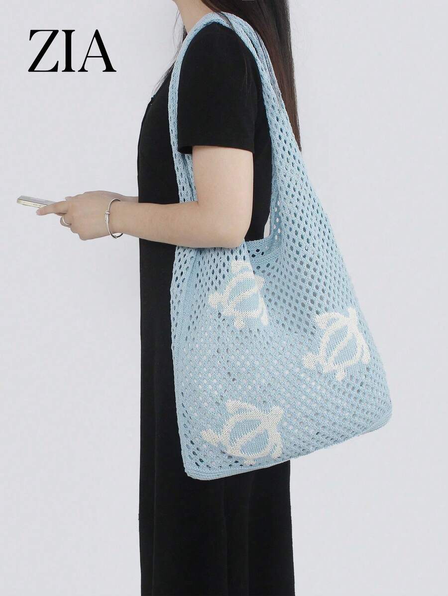 女士时尚大容量编织镂空海龟设计休闲度假单肩手提包