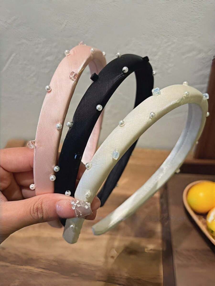 1件奢华粉色缎面珍珠水钻加厚发箍,优雅头饰,女士理想礼物,时尚发饰,适合各种场合、节日、派对 - 彩色 - 查看 1