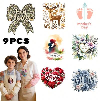 9 Sheets Mother's Day Iron On Transfers,  DTF Transfer Ready to Press for T-Shirts,  Boy Mama Leopard Bow Deer Floral Mother's Day Footprints Hugging Silhouette Flower Heart Roses Mum Blue Flowers , DIY Gift for MAMA,  Waterproof Heat Transfer Vinyl for Apparel