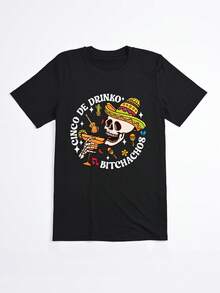 Camiseta Negra Cinco De Drinko Bitchachos con Calavera y Sombrero para Fiesta Mexicana - Negro - Ver 2