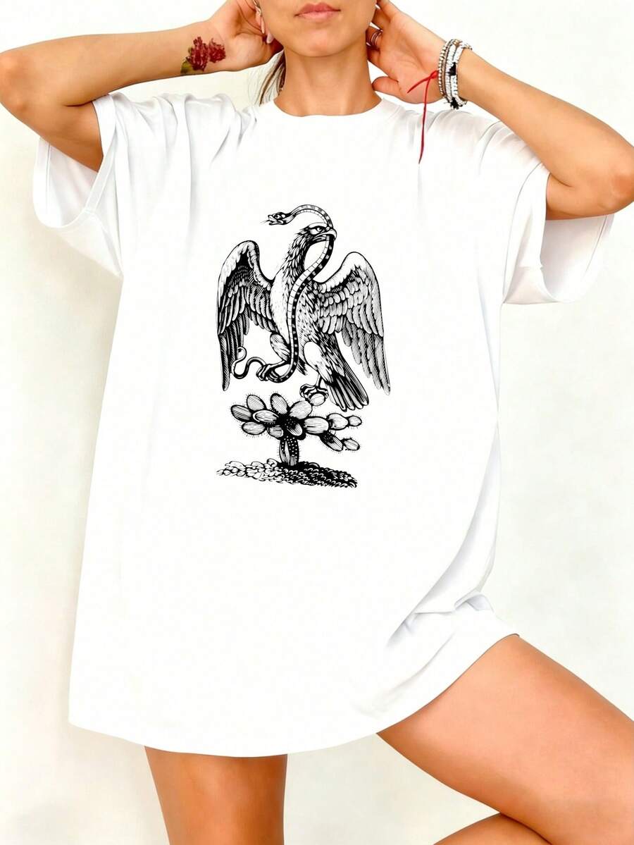 Camiseta Oversize Blanca con Estampado de Águila y Cactus para Playa y Ocio - Blanco - Ver 1