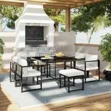 7-Piece Outdoor Dining Table And Chair Set For 6 People, Tempered Glass Table, Suitable For Backyard Meals Or Garden Patio Dining - 黑白 - 查看 6