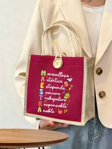 Tas Tote Motif Huruf Maestra dan Apel Aneka Warna, Tas Tote yang Dapat Digunakan Kembali, Tas Penyimpanan Kapasitas Besar yang Lucu, Tas Tangan Perjalanan Ringan - MultiWarna - View 15