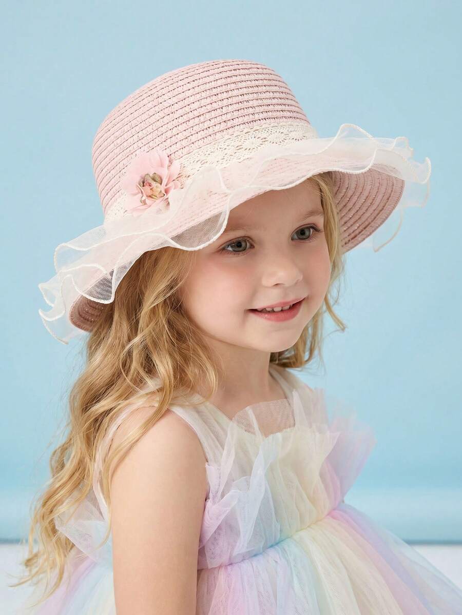 Mũ rơm màu hồng họa tiết hoa nhí, viền lưới, thích hợp cho bé gái từ 3-8 tuổi, mùa hè, đi biển hoặc hoạt động ngoài trời. - 1PC - Xem 1