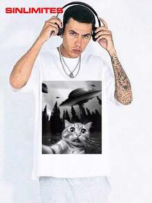 Camiseta GiftCAT ET para hombre, estilo Y2K, de algodón con estampado gráfico - Suave y cómoda, de cuello redondo y manga corta, con estampado de retrato llamativo, top de moda urbana hip hop para todas las estaciones, ropa casual de calle. |   Camiseta de cuello redondo |   Camisa de algodón suave - Blanco - Ver 7
