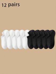 6/12 Pairs Men's Black & White Solid Color Mesh Breathable Invisible Casual Socks, Suitable For All Seasons - Black and White - View 10