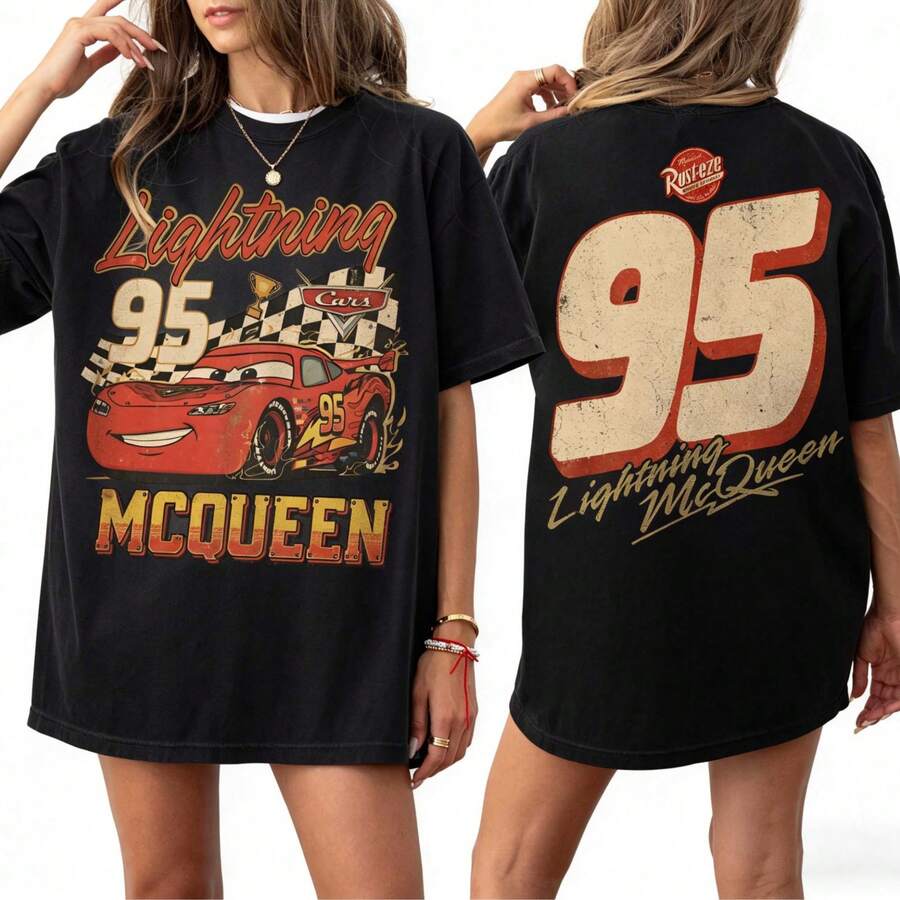 Loose Oversized Retro Lightning McQueen Comfortable Color Matching Shirt, Disney  Car Story Shirt, Retro McQueen Pattern T-Shirt, 2026 Disney Family Vacation Shirt - 黑色 - 查看 1
