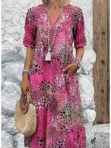 New European American Fashion Printed Lace Trimmed V Neck Short Sleeve Dress - 藍色 - 查看 8