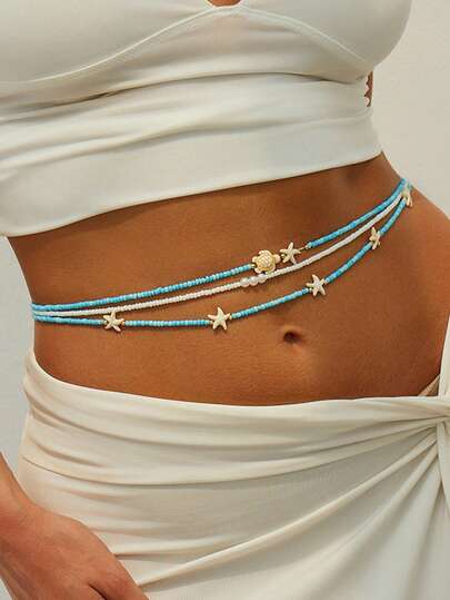 度假风海星串珠身体链，女性化海龟形串珠腰链配饰。
