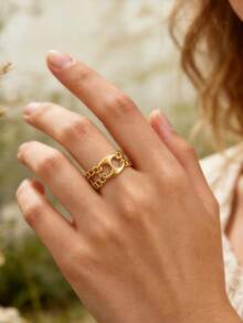 Simple Oval Hollow Open Rings For Women Gold Color Wedding Aesthetic Stainless Steel Ring Designer Jewelry Accessories Gift BFF - Yellow Gold - View 1