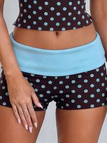 Shorts cortos de mujer con estampado de lunares, de moda veraniega, de talle bajo y con dobladillo plegable. - Marrón - Ver 7