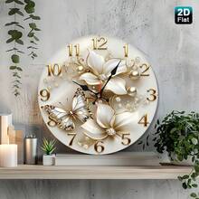 10inch ,White Flowers And Butterflies With Gold Accents And Pearls Nursery Wall Clock -- An Elegant Wooden Craft Suitable For The Living Room, Bedroom, Bathroom, And Boutique. A Romantic 2D Flat Single-Piece Decoration - 1pcs/10in/25cm - View 7