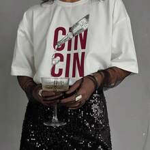 Round Neck T-Shirt With Simple Letter Print, American Retro Style - 白色 - 查看 2