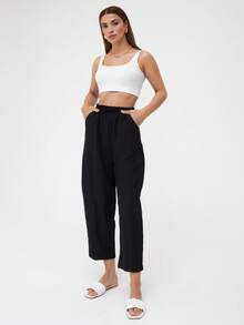 Women High Waist Drawstring Harem Pants Loose Fit Lightweight Summer Casual Trousers - Black - View 3