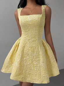 Vestido elegante de longitud media con estampado de jacquard para mujer en verano - Amarillo - Ver 4