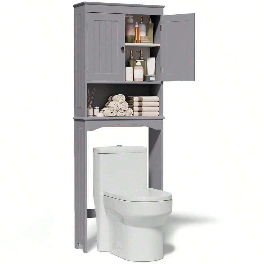 66" Above Toilet Storage Cabinet, Toilet Storage Rack, Bathroom Cabinet With Adjustable Shelves And Open Cabinet, Toilet Furniture, Freestanding Shelves For Bathroom Above Toilet, Space Saving Large Above Toilet Cabinet - Xám - Xem 1
