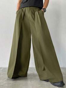 Niche Design Multi-Panel 2 In 1 Men's Loose Japanese Style Oversized Wide Leg Pants, Boyfriend Gifts,Christmas Gifts, Fall - 軍綠色 - 查看 6
