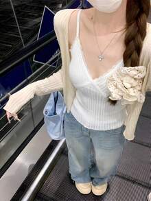 新款蕾丝吊带背心，杏色，修身剪裁，百搭性感，带胸垫，适合春夏休闲穿着，白色 - 白色 - 查看 1
