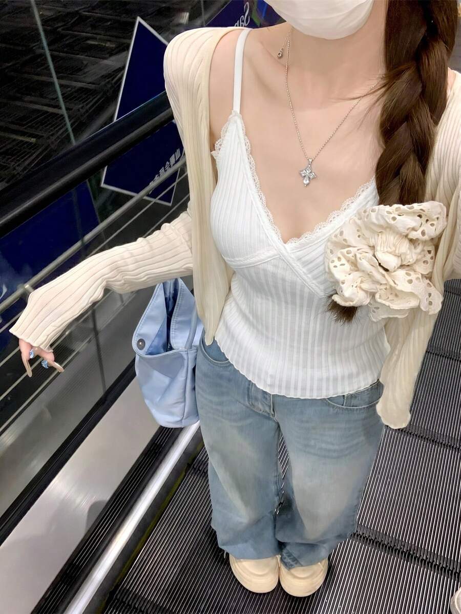 新款蕾丝吊带背心,杏色,修身剪裁,百搭性感,带胸垫,适合春夏休闲穿着,白色 - 白色 - 查看 1