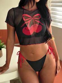 PEPPERMOLLY Conjunto de biquíni retrô sexy de 3 peças 2026, com estampa de flor de cerejeira em blocos de cores vermelho e preto, composto por camiseta transparente com laço e detalhe de flor de cerejeira. Ideal para férias de praia com um visual arrasador e vanguardista. Perfeito para festas de verão em ilhas paradisíacas. - Preto - Ver 8
