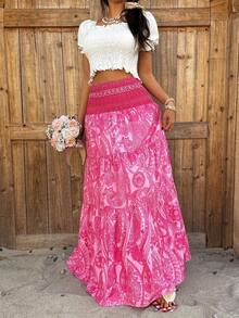 Falda larga bohemia para mujer con estampado paisley.Diseño de cinturilla elástica fruncida y volantes escalonados en capas.Estilo casual y versátil, ideal para vacaciones y uso diario, adecuada para primavera y verano. - Rosa Roja - Ver 12