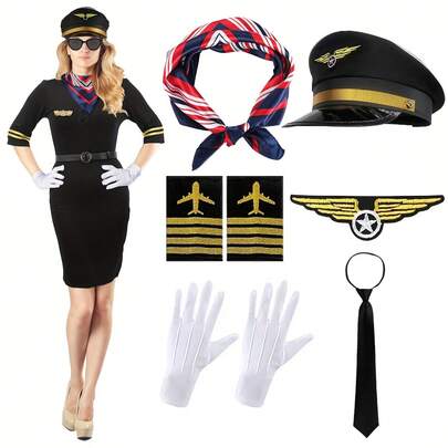 6件套女性空乘和机长服装配饰，包括飞行员和机长角色扮演配饰、飞行员帽、白色手套、胸章、肩章、领带、围巾，适用于角色扮演、舞会、音乐节、派对等场合。