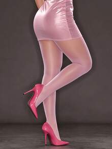 Plus Size Women's Pink High-Stretch Tights - High-Density Glossy & Snag-Resistant, Solid Leggings Everyday Wear - 粉色 - 查看 4