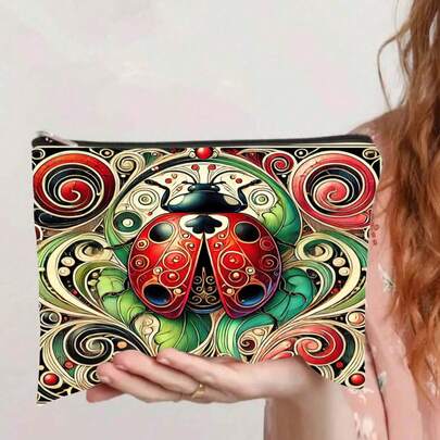 异想天开的民间艺术昆虫印花化妆包，瓢虫和螳螂主题便携式拉链袋