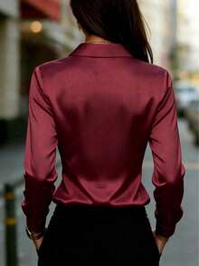 Spring Satin Notch Lapel Blouse Women Business Casual Button Down Shirt Office Work Blouses For Women Dressy Cute Going Out Tops 2026 Fashion Clothes - 酒紅色 - 查看 2
