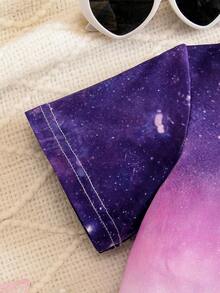 Conjunto de 2 piezas estiloso de degradado púrpura para niñas jóvenes, con parte superior estampada de dibujos animados y shorts estampados, adecuado para actividades diarias, escuela, salidas de fin de semana, fiestas, festivales de música y sesiones de fotos en primavera/verano - Morado - Ver 5