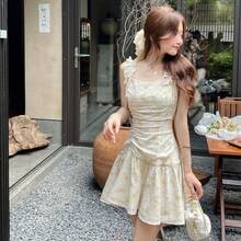 Women Short Dresses - Yellow Floral Pattern - View 2