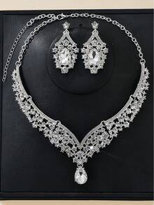 三件套新娘项链耳环套装，优雅婚礼派对珠宝配饰 - 黑色 - 查看 5