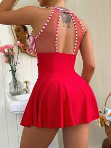 Swim Lushoire Vestido de baño casual de verano con estampado de rayas, volantes en el bajo y escote halter para vacaciones - Rojo y blanco - Ver 2