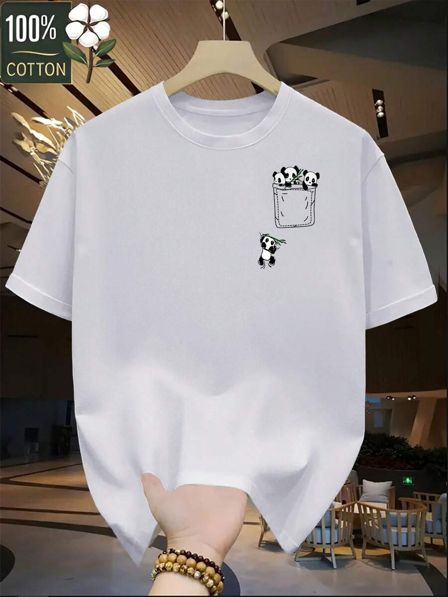 Camiseta para hombre de manga corta 100% algodón 180g, estampado de panda dulce, cuello redondo, suave y transpirable, lavable a máquina, estilo deportivo, perfecta para el verano y el tiempo libre, ropa diaria de moda y versátil - Blanco - Ver 1