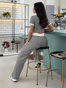 Casual Street Style Ribbed Contrast Color Round Neck Short Sleeve Top And Pants 2 Pieces Set Summer Elegant - Grey - View 5